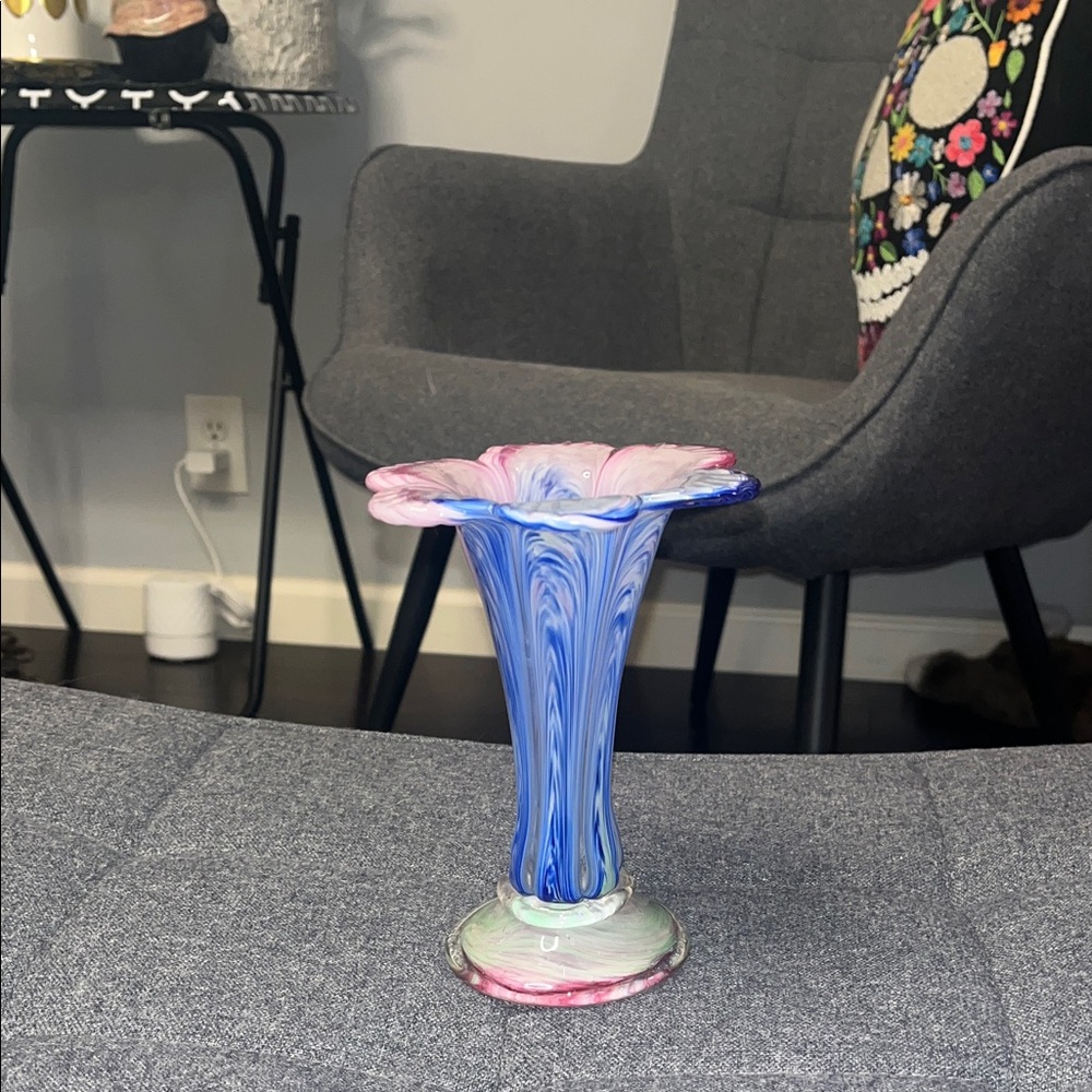 Floral Glass Vase Hand Blown with Blue and Pink Swirls